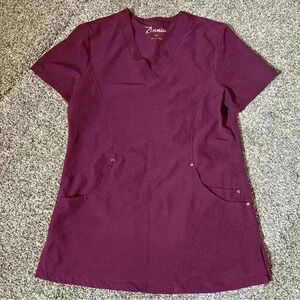 Zinnia Scrub Top Womens Burgundy V-neck Short Sleeve XS- EUC